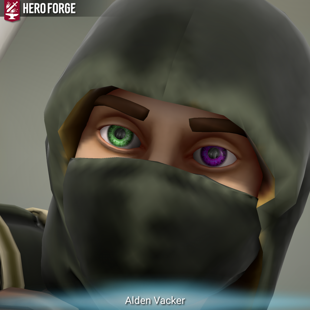 Hero Forge 3D model of a male-presenting halfling, a closeup on a face mostly concealed with a dark hood but revealing two eyes; his left eye is purple and his right eye is green. Artwork by burrrrrman.