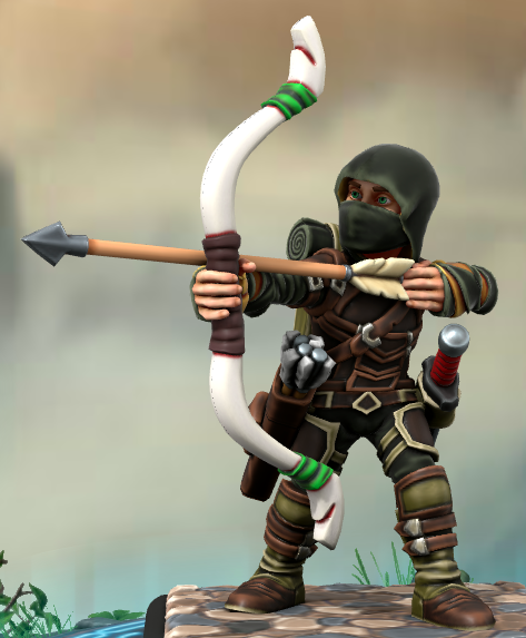 Hero Forge 3D model of a male-presenting halfling with tan skin and green eyes, his face otherwise concealed with a dark hood. He wears leather armor with straps and buckles across his chest, leather wraps around his forearms and palms, and leather boots. He is wielding a shortbow with an arrow nocked, and he wears a quiver on his right hip. Artwork by burrrrrman.