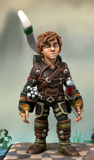 Hero Forge 3D model of a male-presenting halfling with tan skin, curly brown hair, and green eyes. He wears leather armor with straps and buckles across his chest, leather wraps around his forearms and palms, and leather boots.  He wears a white shortbow on his back and a quiver on his right hip. He has a neutral facial expression and stands with his arms down at his sides.