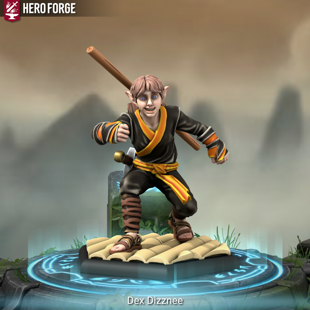 Hero Forge 3D model of a male-presenting elf with pale skin, short pale brown hair, and blue eyes. He has an open-mouthed smile and a friendly facial expression. He wears black monk robes with orange trim and an orange belt with matching hand wraps, brown-strapped lower leg wraps, and brown sandals with open toes and showing his bare feet through the gaps. He has a wooden staff strapped across his back and a sword on his right hip. Artwork by Danman26.