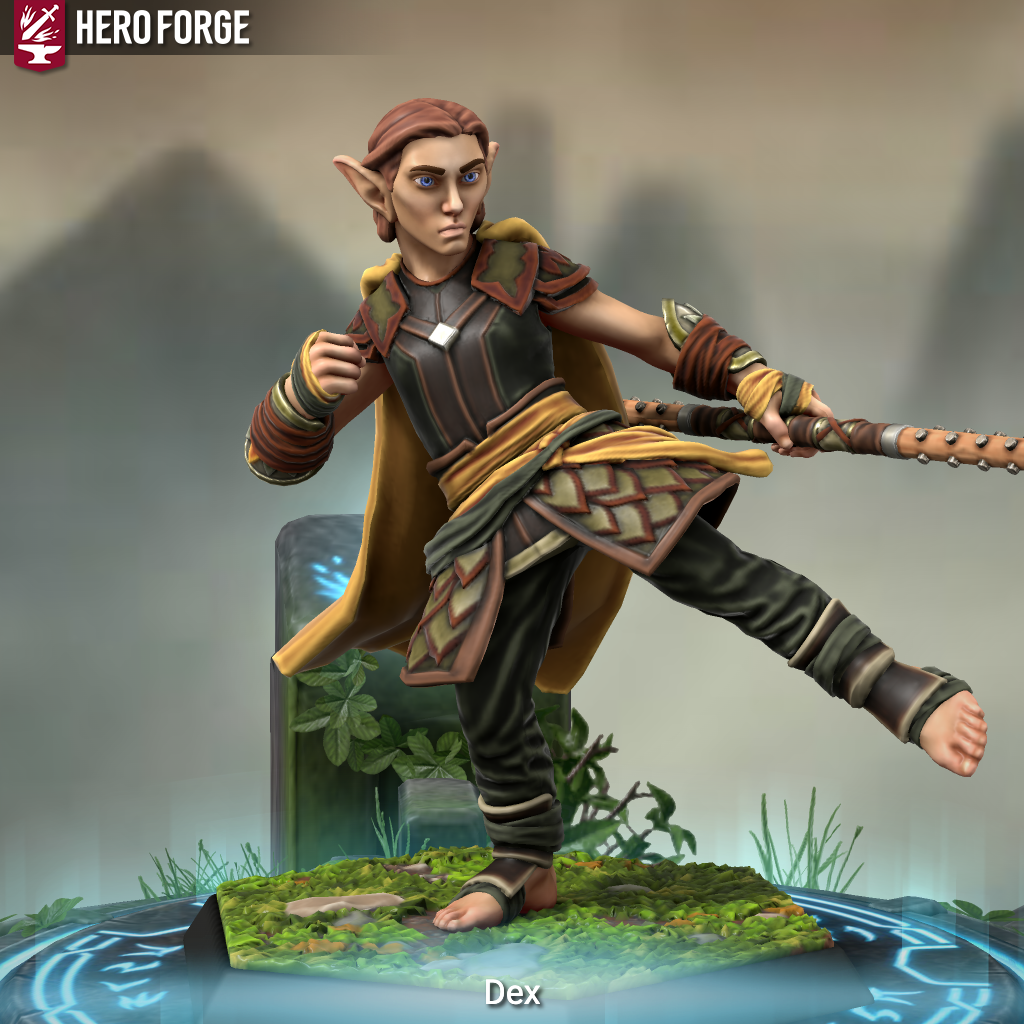 Hero Forge 3D model of a male-presenting elf with tan skin, slicked-back red-brown hair, and blue eyes. His facial expression is one of stern determination. He wears leather armor with accents of green and magenta fabric, a yellow cloak, and green trousers. His feet are exposed, and his hands have basic padded wraps for protection. He wields a wooden staff in one hand while raising one foot in a kicking motion.