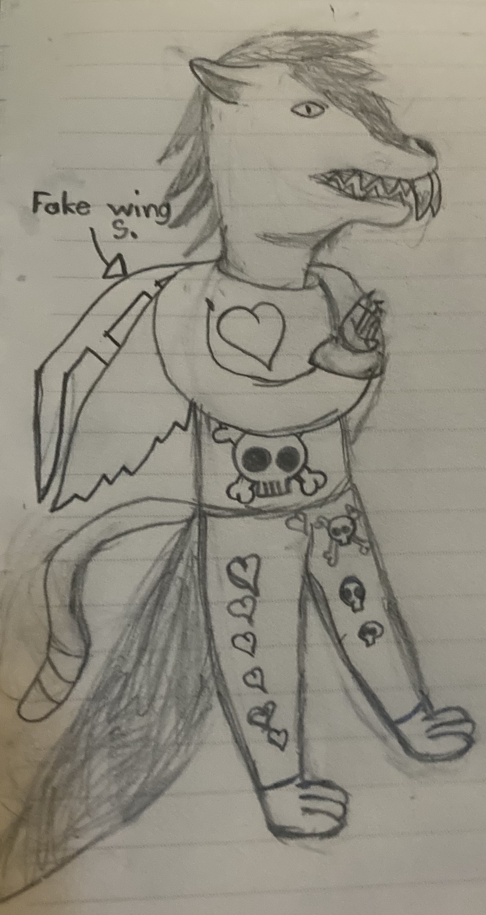 Pencil drawing of a wolf person with rows of long sharp teeth and a dark stripe forming a crest on his head and neck. He has two feathery-but-metallic wings labeled as fake, claws on his hands, and two tails, one bushy like that of a wolf, the other skinny like that of a feline. He's wearing a long-sleeved shirt with a heart on the chest and a Jolly Roger on the abdomen, and pants with a similar divide of imagery, with hearts running down his right leg and skulls with crossbones down the left. His feet are bare, exposing wolf-like paws.