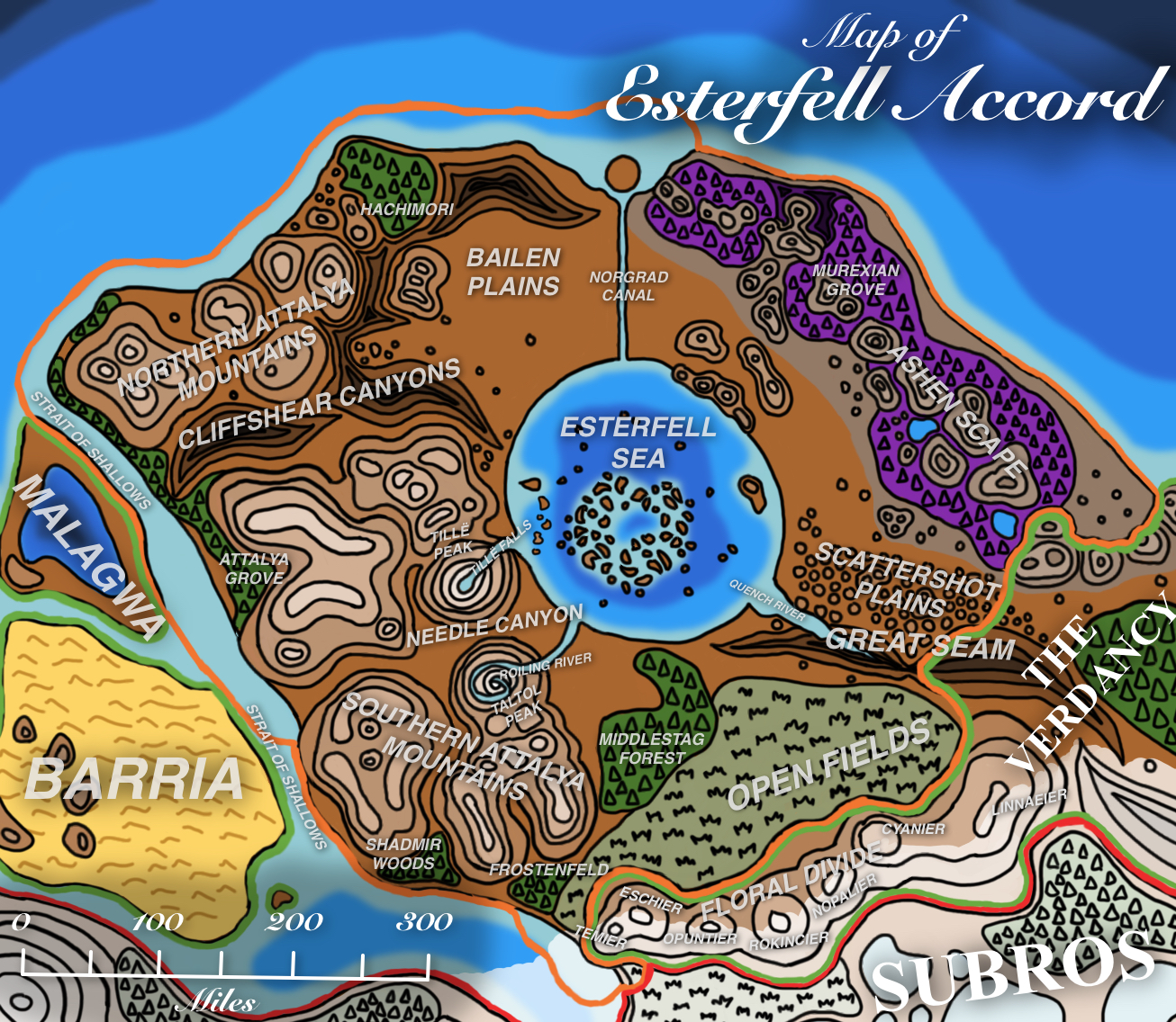 Drawing of a natural map of the Esterfell Accord, with an orange outline distinguishing this nation from Subros (red) and the Verdancy (green). Many natural formations are labeled in bold italic text, with societies in large white serif font.