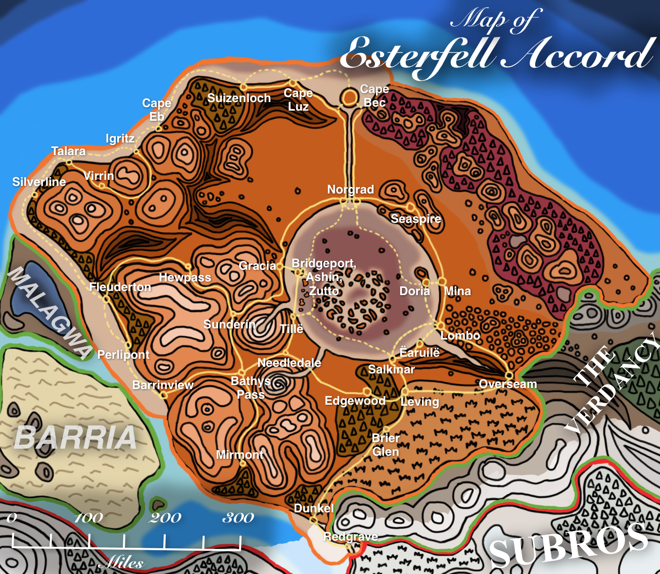 Drawing of a political map of the Esterfell Accord, with an orange outline and tint distinguishing this nation from Subros (red) and the Verdancy (green). Yellow lines mark travel routes, with solid lines for roads and dotted lines for ship routes. Societies are labeled in large white serif font.