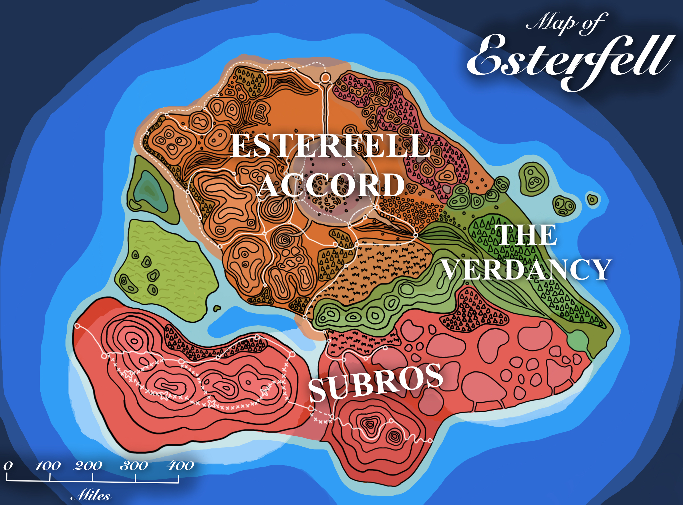 Drawing of a map of Esterfell with colors identifying each major nation's region of control: Esterfell Accord (orange), Subros (red), and Verdancy (green). This map notably does not recognize Xiahulia, Mawlin, or Ramila territory occupancy or control, incorrectly labeling all such regions as Verdancy territory.