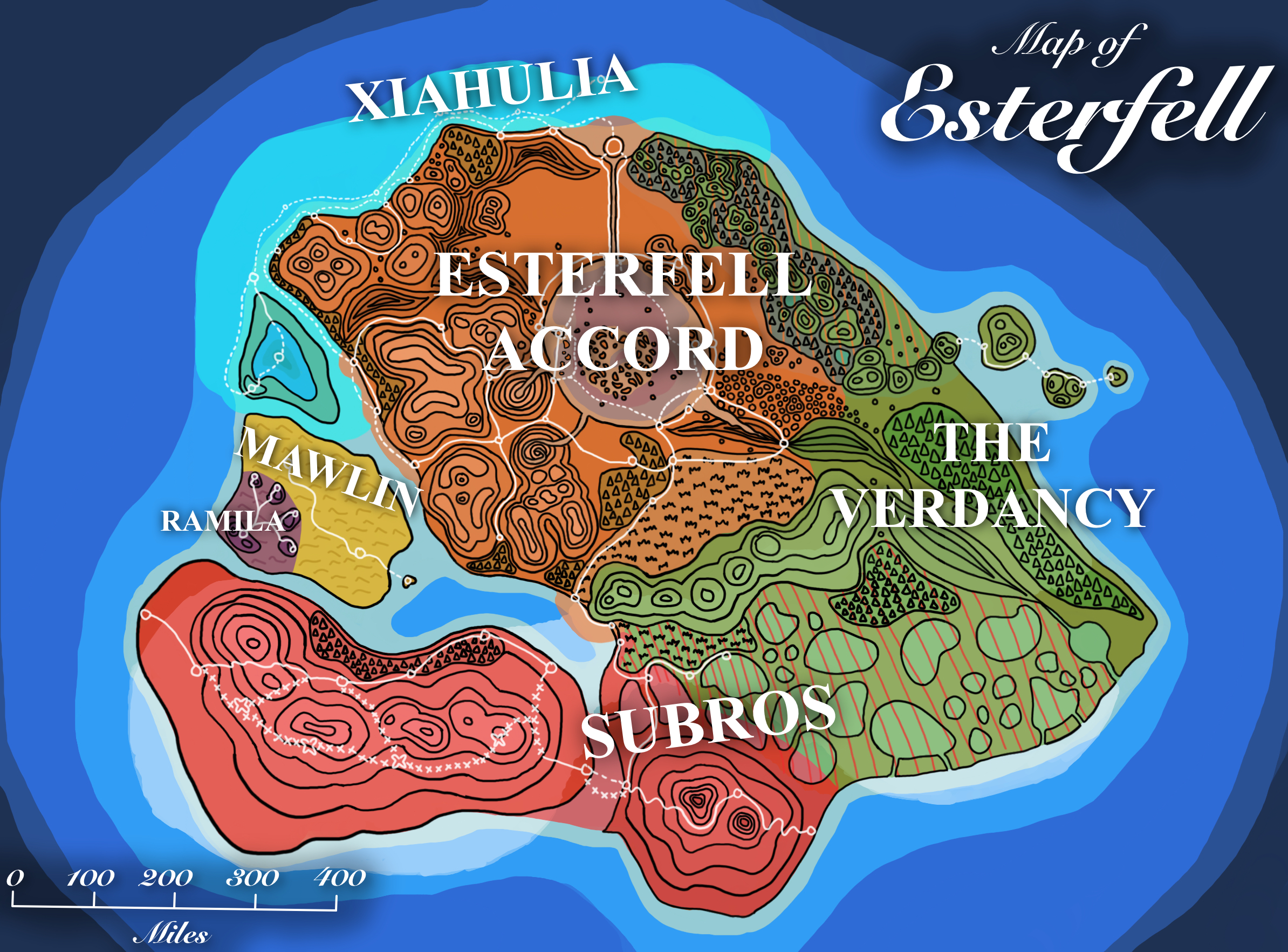 Drawing of a map of Esterfell with colors identifying each major nation's region of control: Esterfell Accord (orange), Subros (red), Verdancy (green), Xiahulia (teal), Mawlin (yellow), and Ramila (purple). Some Verdancy territory is marked with stripes of Accord or Subros colors, indicating disputed territory.