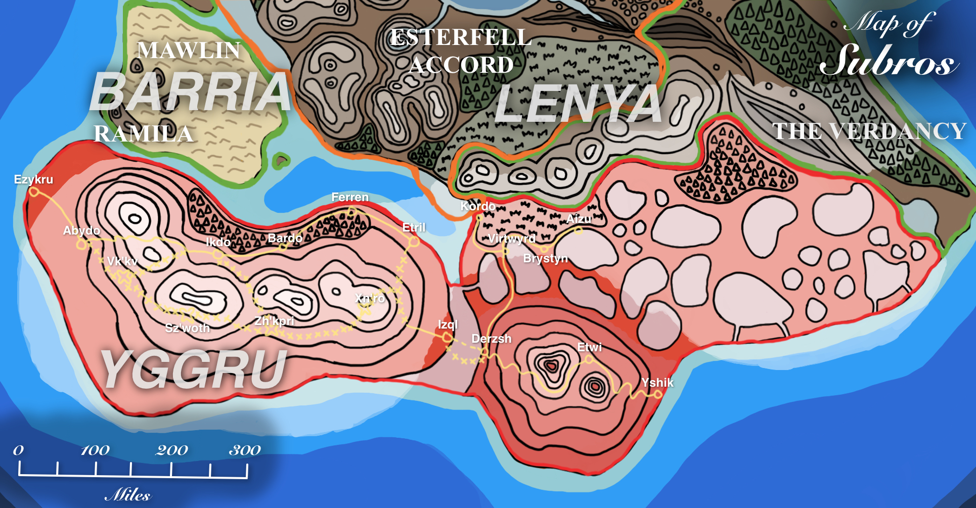 Drawing of a political map of Subros, with a red outline and tint distinguishing this nation from the Esterfell Accord (orange) and the Verdancy (green). Yellow lines mark travel routes, with solid lines for roads, Xs for tunnels, and dotted lines for ship routes. Societies are labeled in large white serif font.