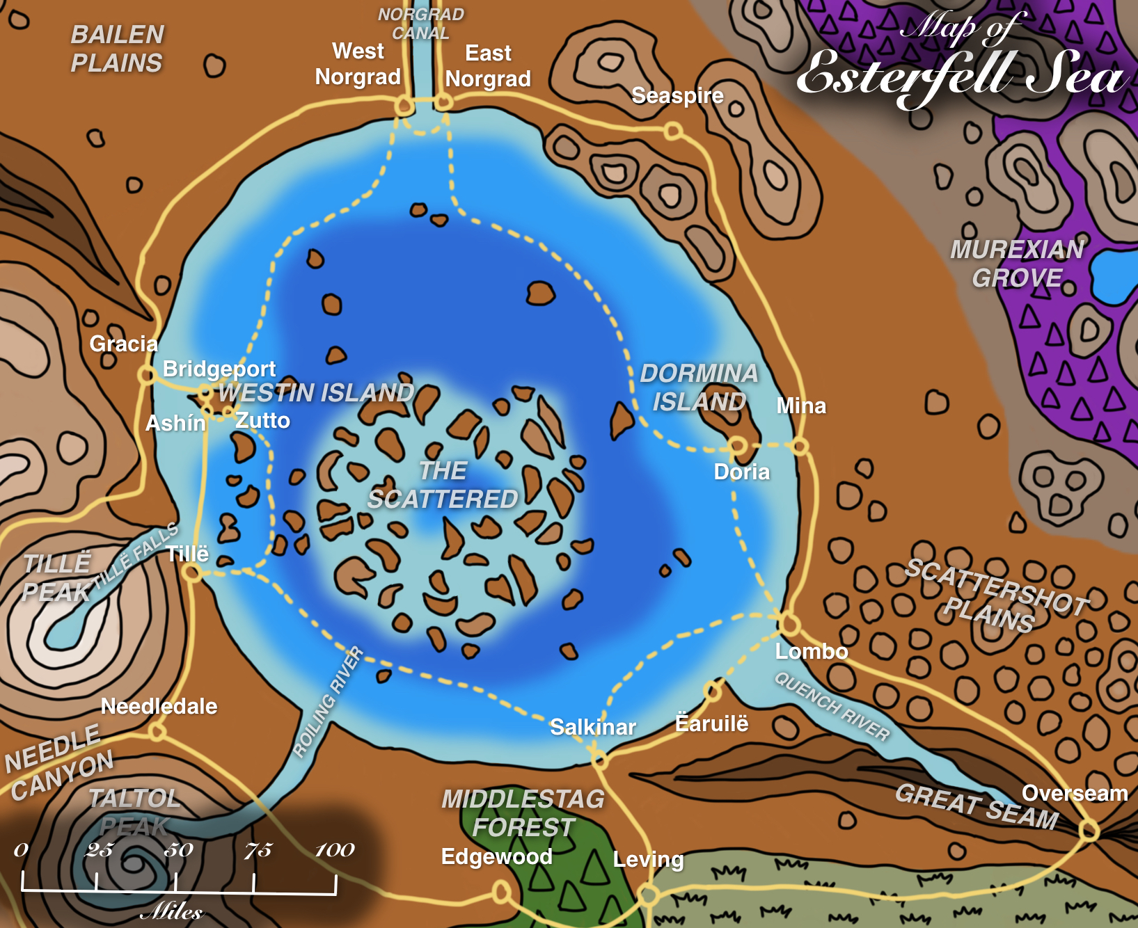 Drawing of a map of the Esterfell Sea with surrounding land and settlements. The islands are labeled with their names and are listed here from west to east: Westin Island, arrowhead-shaped along the western sea, containing the cities of Bridgeport, Ashín, and Zutto, with bridges connecting it to Gracia and Tillë, and two ship routes connecting it to Tillë and West Norgrad; The Scattered, a large archipelago roughly in the center of the sea made of multiple small unsettled islands; and Dormina Island, a comma-shaped island with some elevation, and the single settlement of Doria connected via ship routes to Mina, East Norgrad, and Lombo.