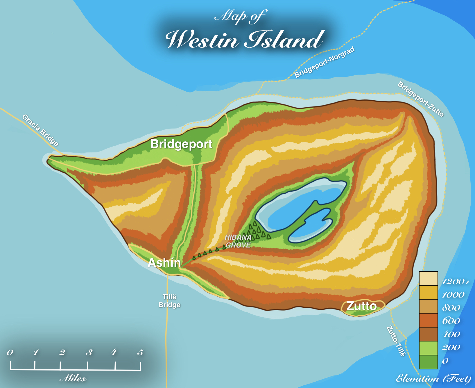 Drawing of a map of Westin Island with its natural formations, settlements, bridges, ship routes. Natural labels from west to east: Hibana Grove, roughly in the center of Westin and southwest of twin lakes. Artifical labels from west to east: Bridgeport to the northwest, with a road headed south toward Ashín, a bridge going northwest toward Gracia, a ship route headed northeast toward Norgrad, and another route circling the island clockwise toward Zutto; Ashín on the southwest coast, connected by road headed north to Bridgeport and by a bridge headed south to Tillë; and Zutto to the southeast, connected by ship routes to Bridgeport (counter-clockwise around Westin Island) and Tillë (southeast).