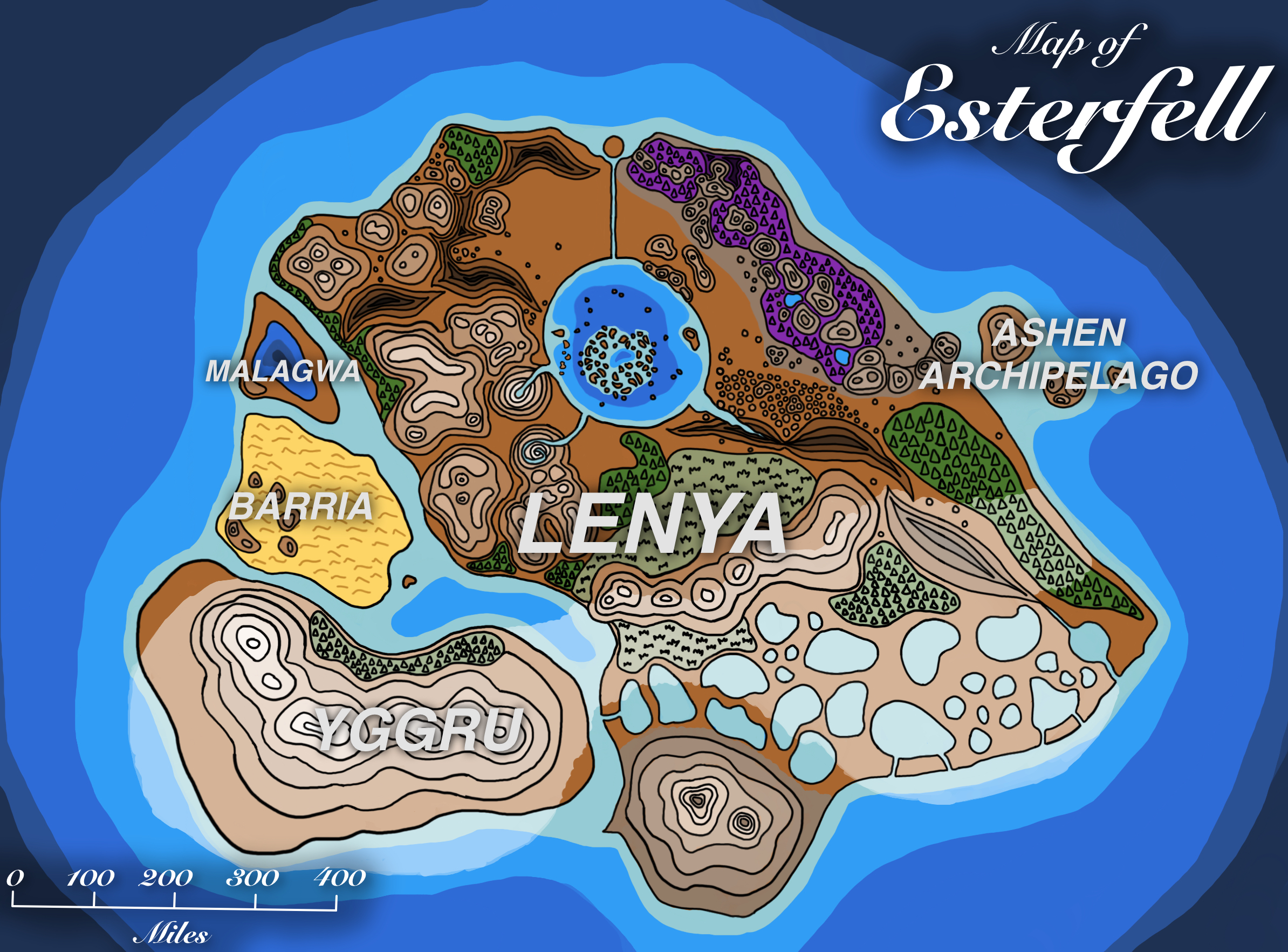 Drawing of a map of Esterfell. The islands are labeled with their names and are listed here from largest to smallest: Lenya, the roughly trapezoidal central land mass with a circular sea in its top-center, mountains to the west and south, canyons to the northwest and east, purple forests to the northeast, and green regions across its center; Yggru, a heart-shaped island to the southwest covered in icy mountains; Barria, a rhombus-shaped island to the west marked as mostly flat desert land with some small peaks in the lower-left corner; Malagwa, a triangle-shaped cay with a deep lake in its center; and the Ashen Archipelago, some tiny island mountains off the east coast of Lenya near the purple forests.