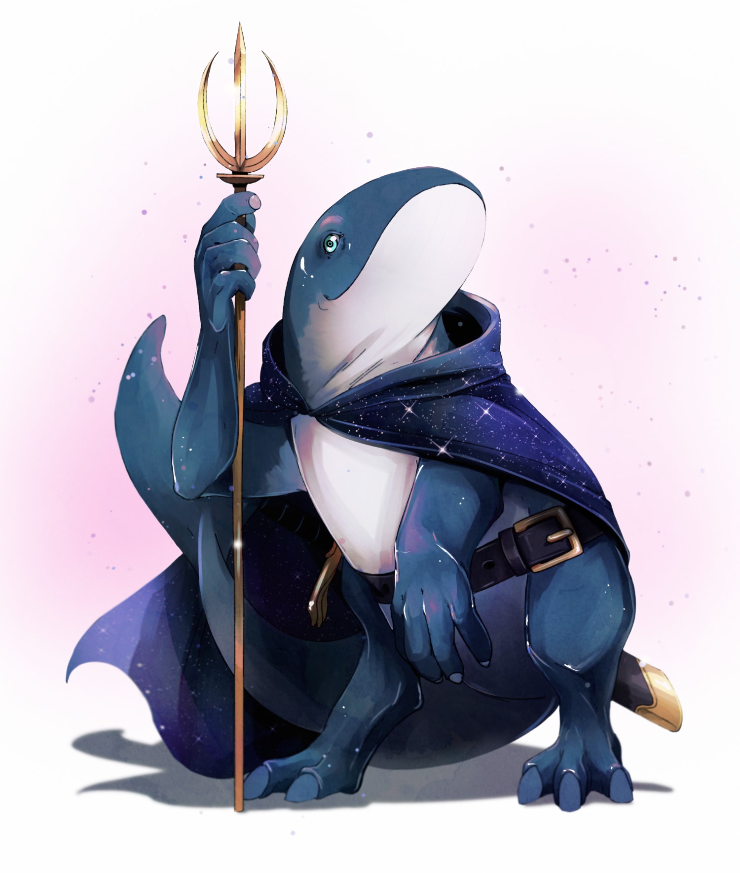 Drawing of a whale-like humanoid figure with a blue body and a white underside, a long sleek flattened tail, and saurian three-toed feet. The figure is wielding a golden trident with curved outer tines, and is wearing a deep blue and purple cloak shimmering with images of stars, as well as a belt with a sword in their scabbard.